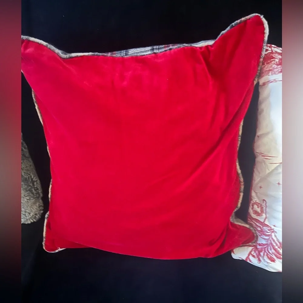 Wool plaid accent holiday red velvet reindeer reversible 20” throw pillow cover